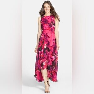 Eliza J Pink and Black Floral High Low Dress Sz 4